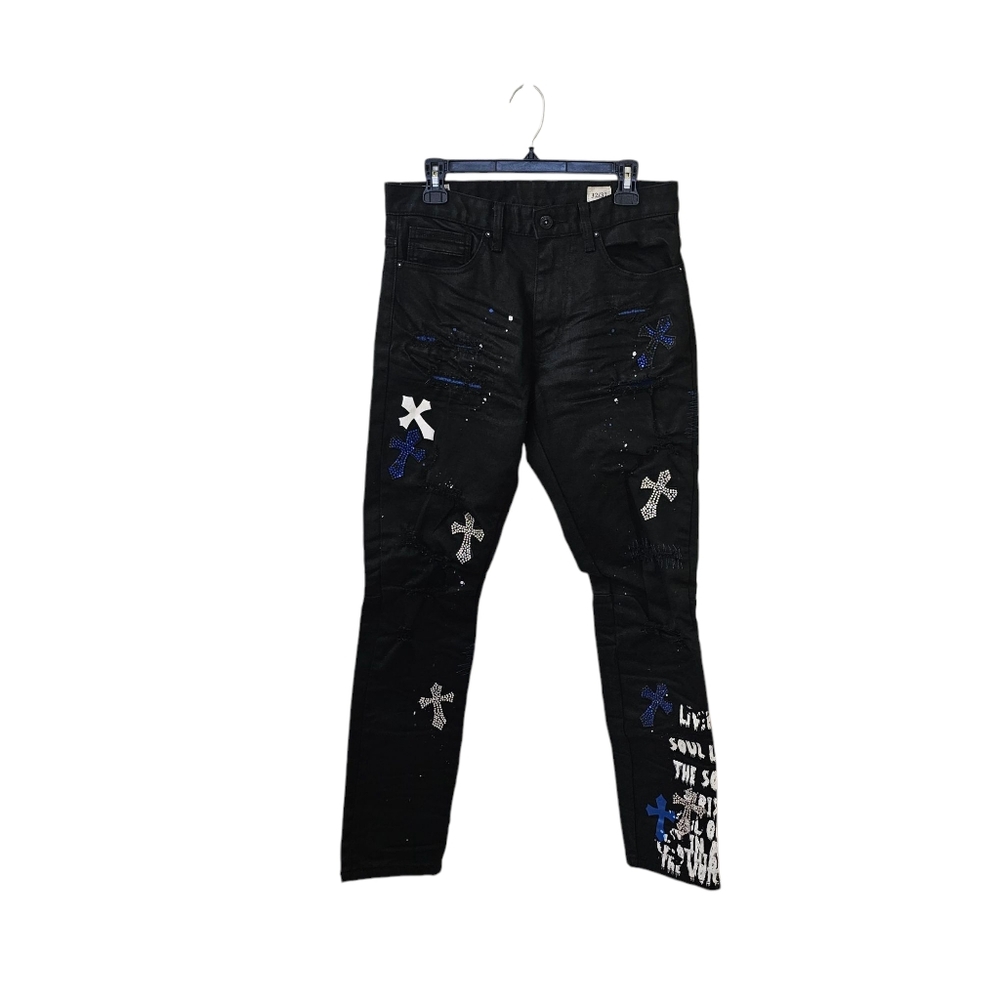 Smoke Rise Black Cross Gothic Distressed Jeans Men's 32x32